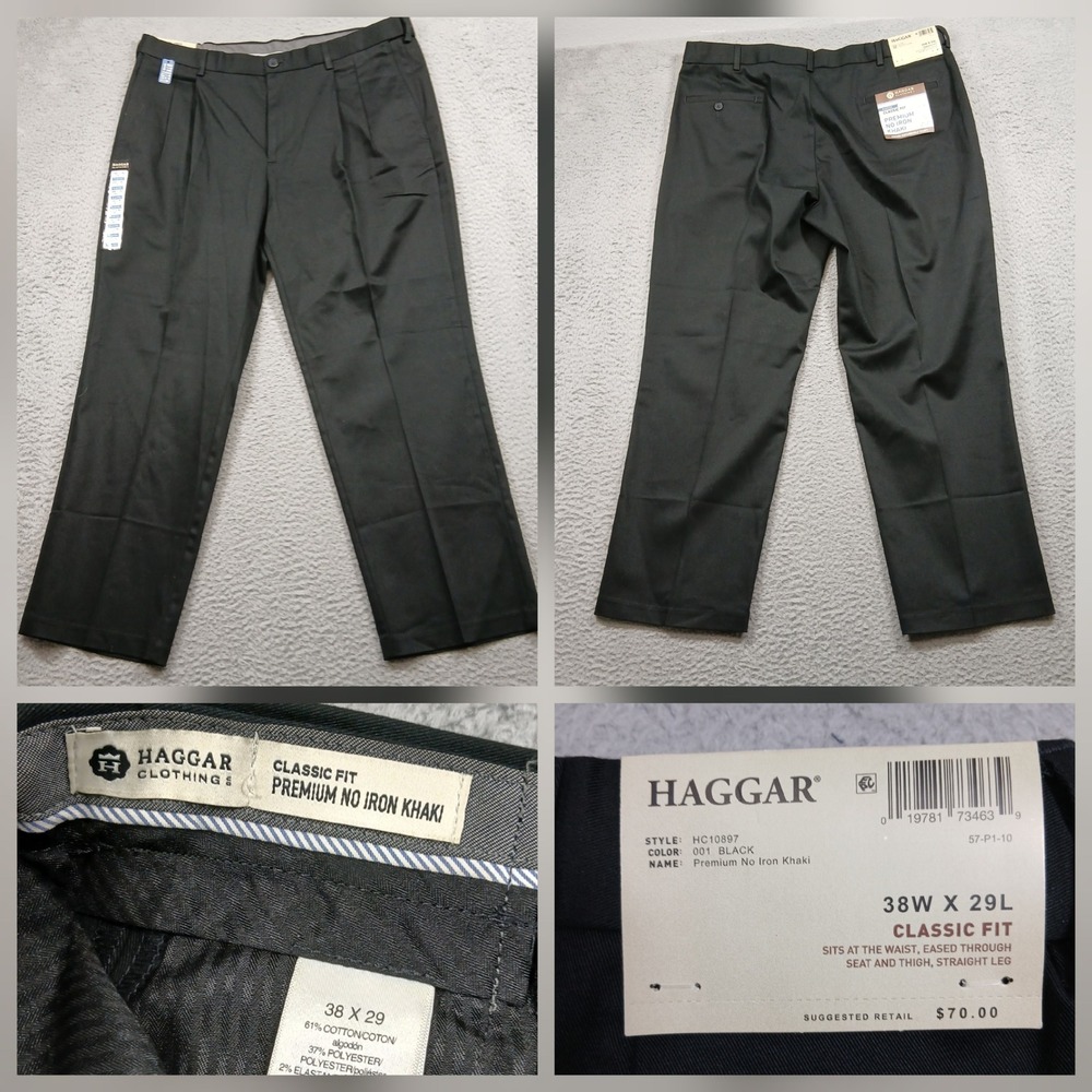 Haggar Premium No Iron Khaki Pants‎ Mens 38x29 Black Classic Fit Pleated NWT